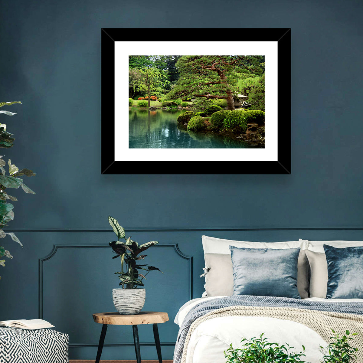 Bonsai Pine Over Tranquil Pond Wall Art in a room, landscape