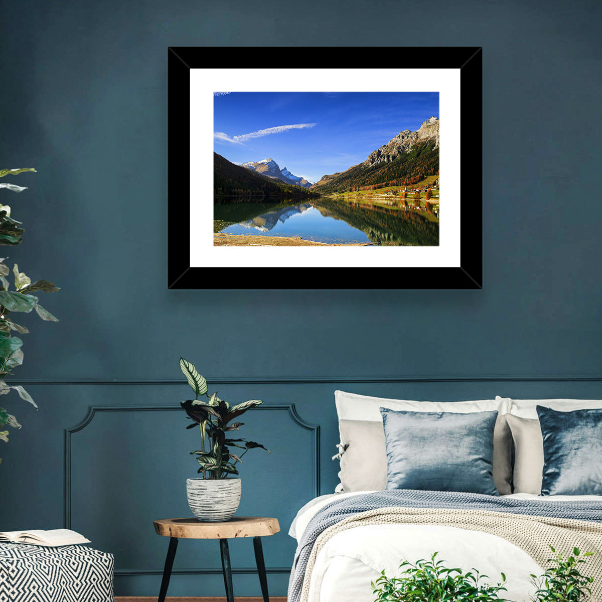Lake Sils Morning Reflection Wall Art in a room, landscape