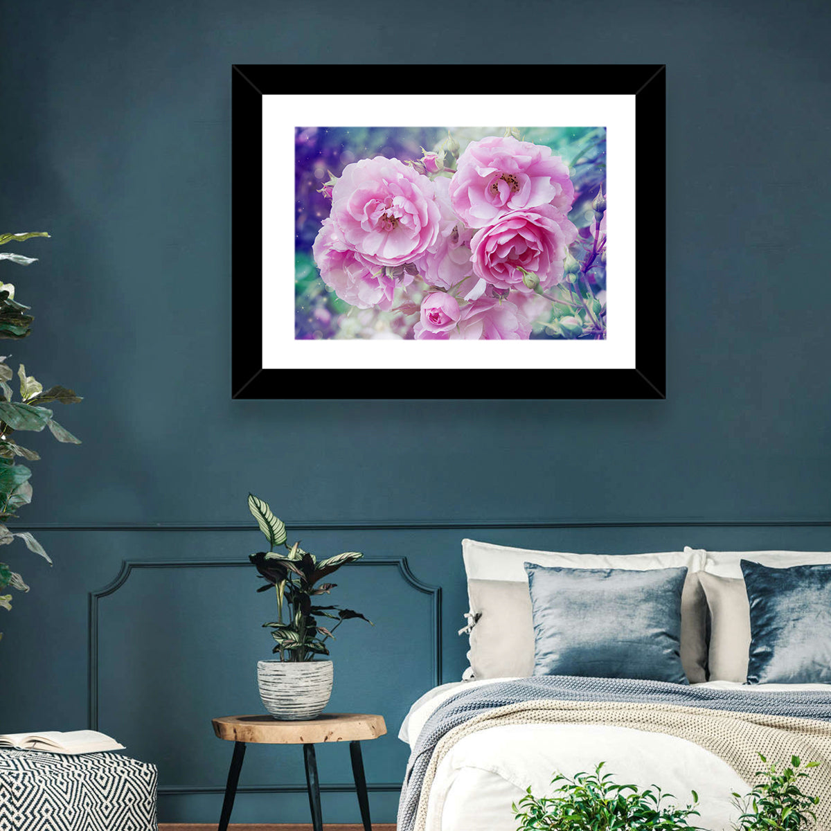 Springtime Pink Rose Cluster Wall Art in a room, landscape