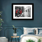 Red Bicycle on Rainy Cobblestone Street Wall Art