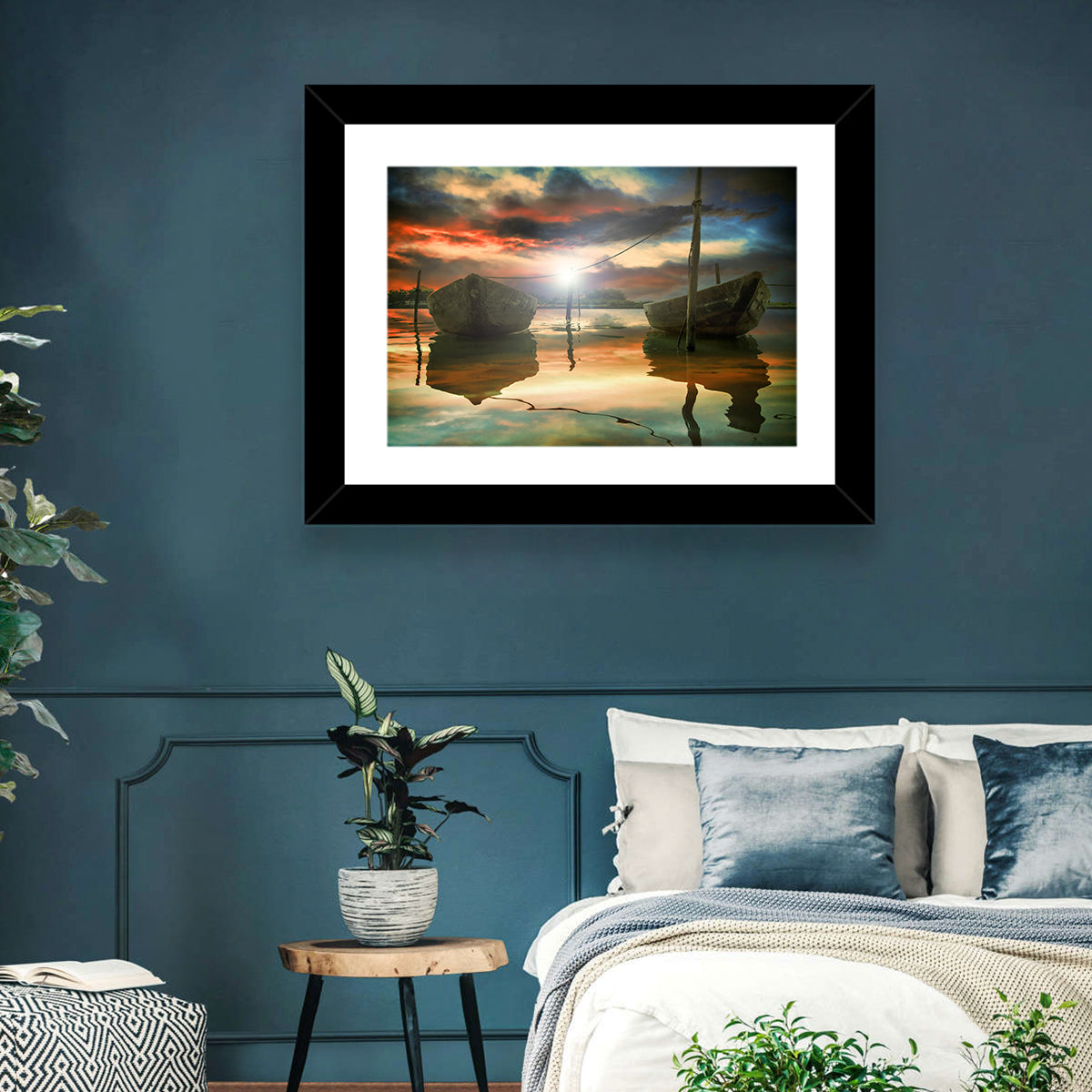 Two Wooden Boats at Sunset Wall Art in a room, landscape