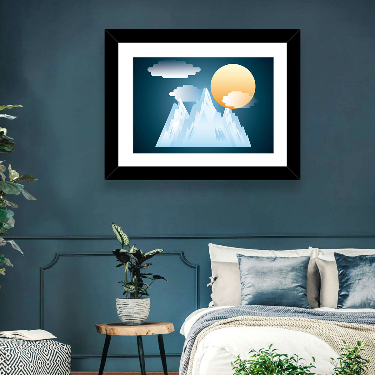 Geometric Snowy Mountain with Golden Sun Wall Art