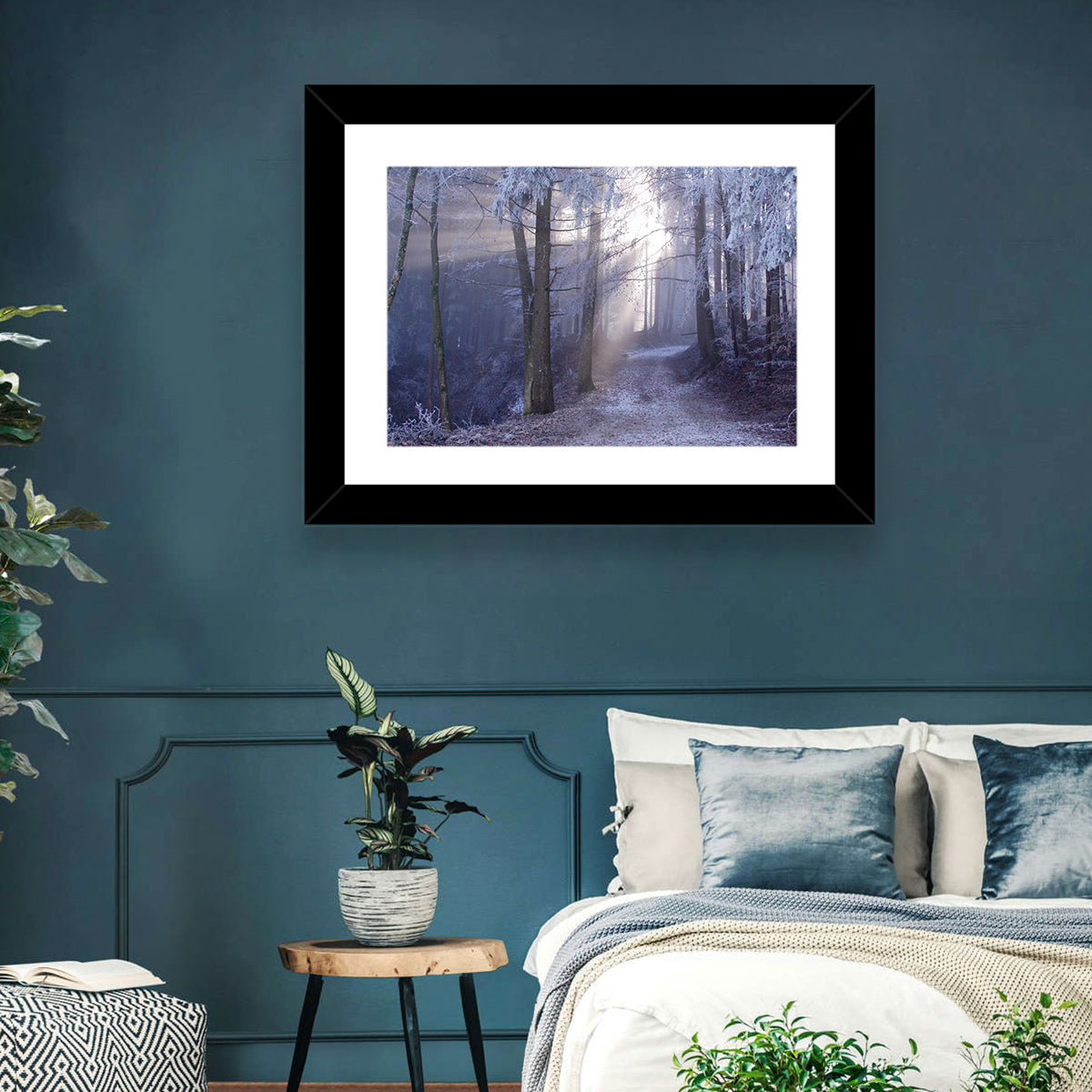 Frosted Forest Path at Dawn Wall Art in a room, landscape