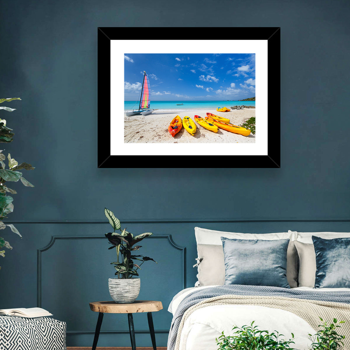 Yellow Kayaks on Tropical Beach Wall Art in a room, landscape