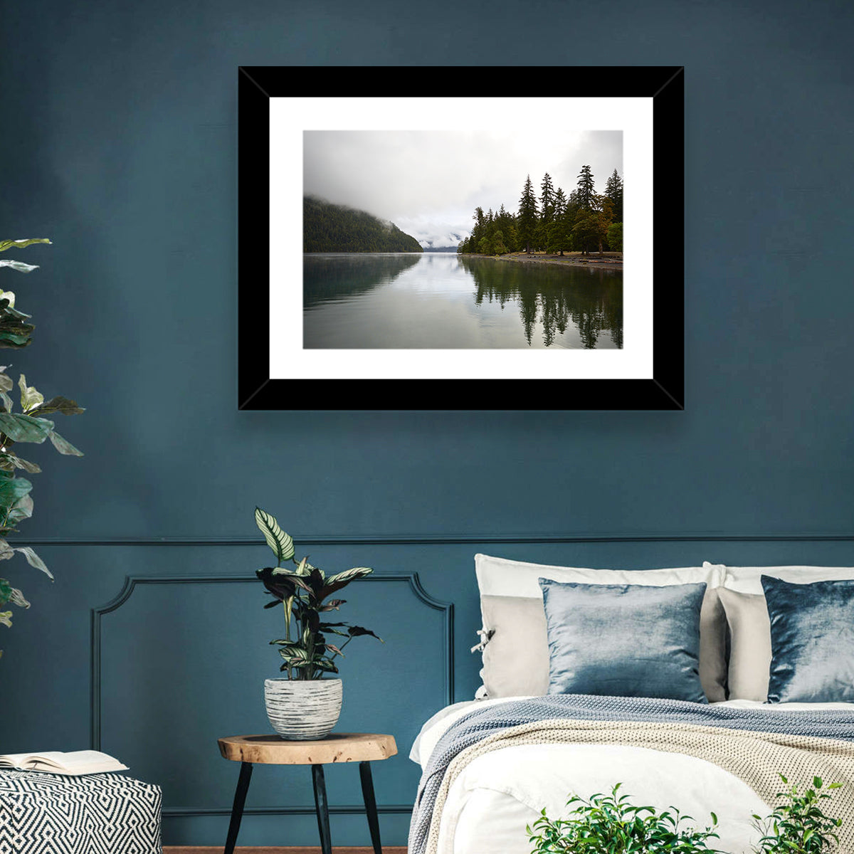 Foggy Lake Crescent Reflection Wall Art in a room, landscape