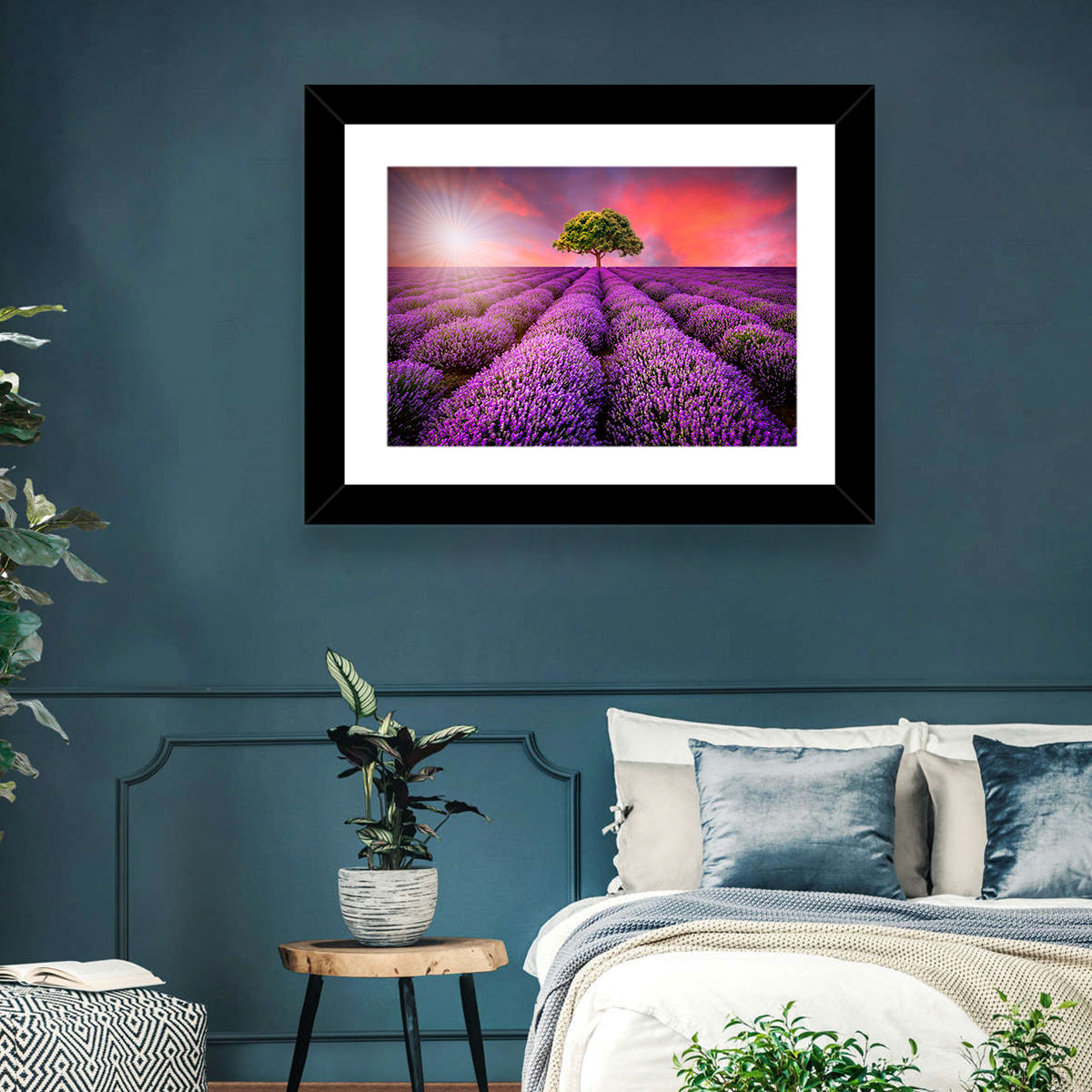 Sunset Over Lavender Fields Wall Art in a room, landscape