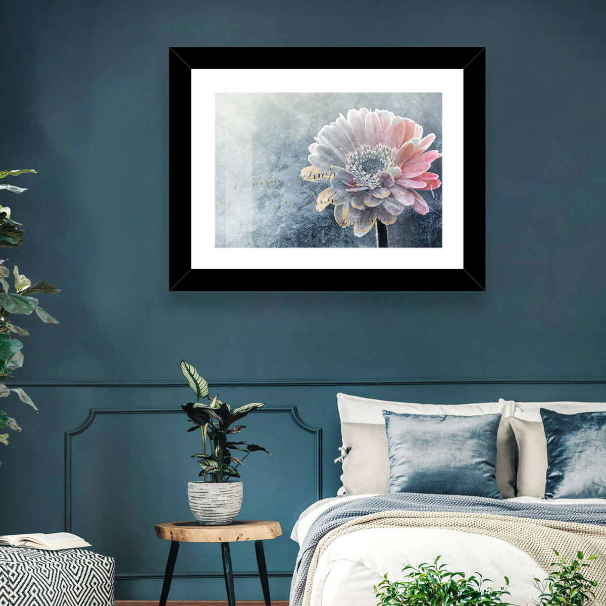 Winter Gerbera with Golden Script Wall Art in a room, landscape