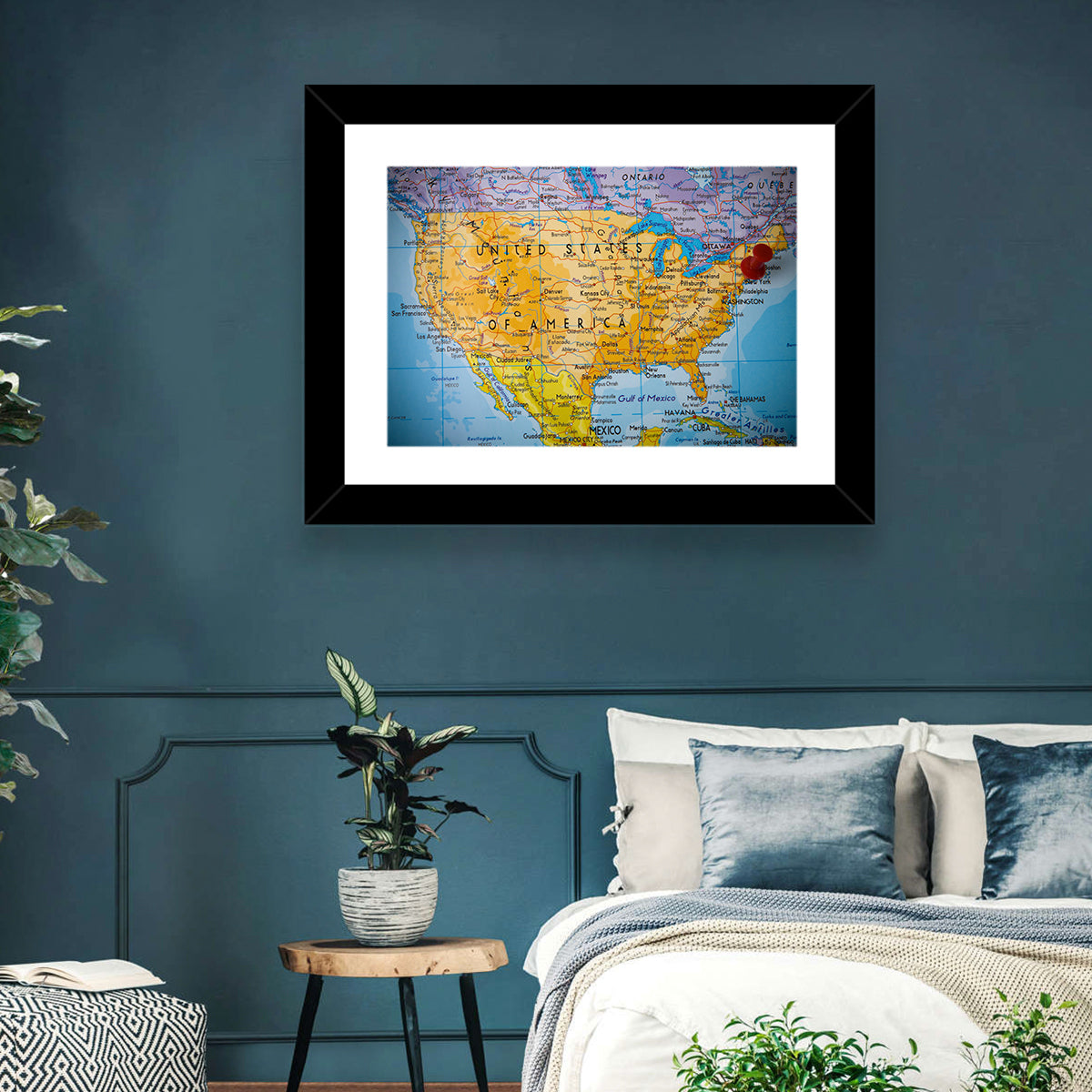 Vintage USA Map with Northeastern Pushpin Wall Art in a room, landscape