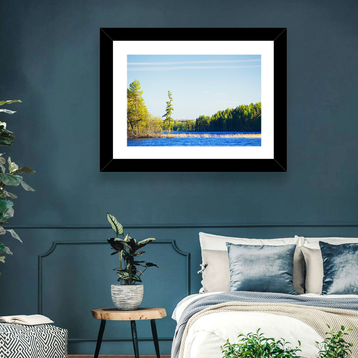 Summer Forest Lake Shoreline Wall Art in a room, landscape