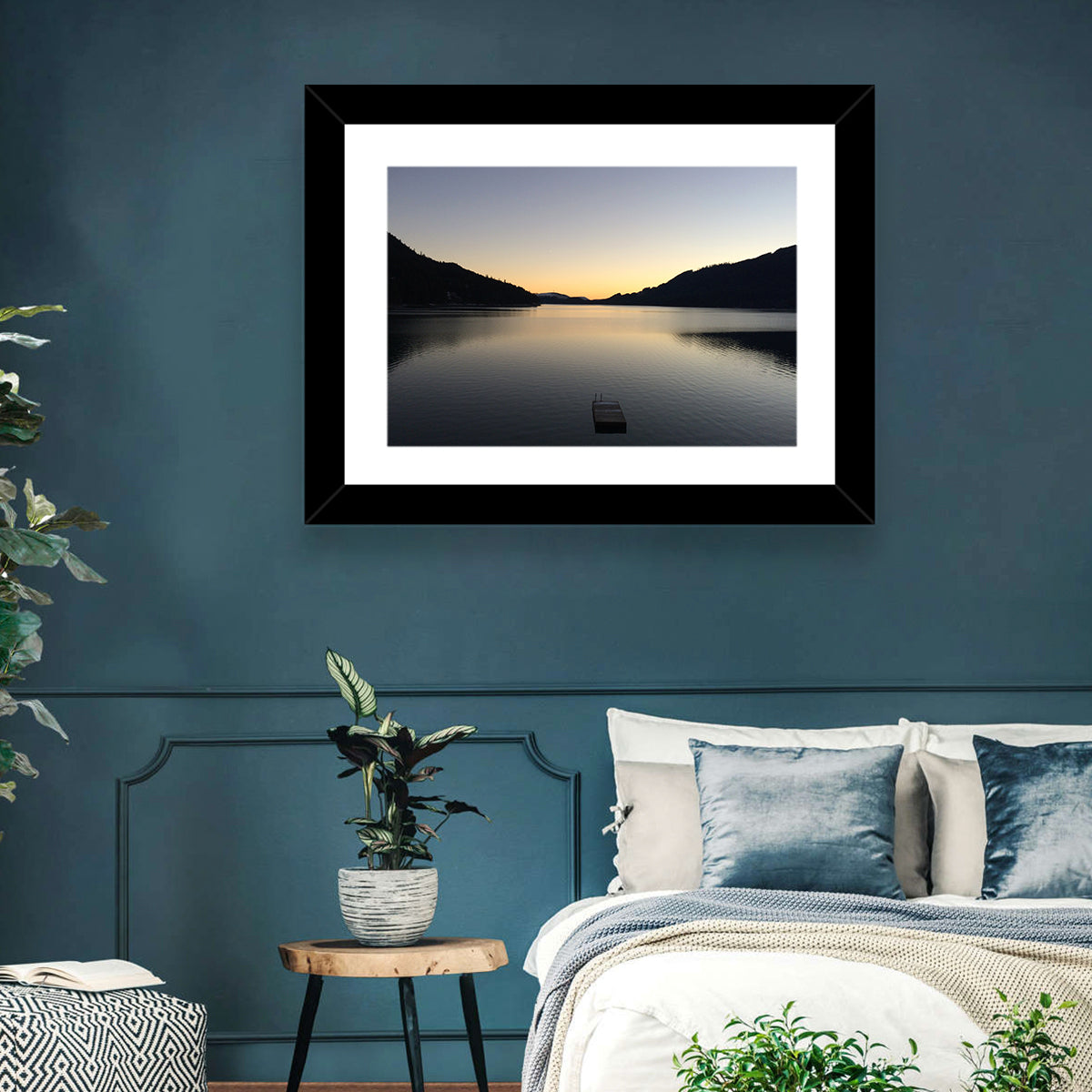 Lake Cushman Dock at Dusk Wall Art in a room, landscape
