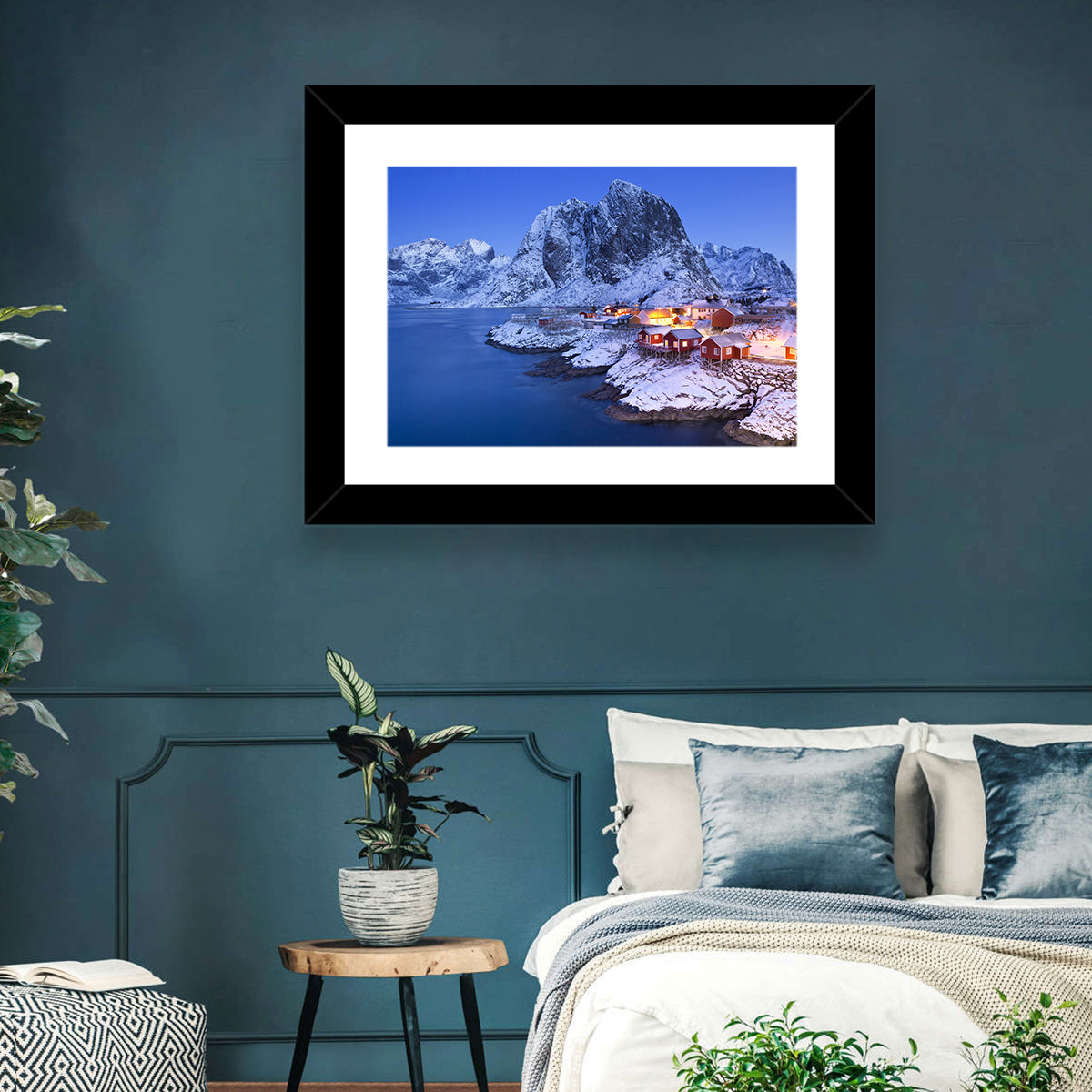 Hamnøy Red Cabins at Winter Dusk Wall Art in a room, landscape