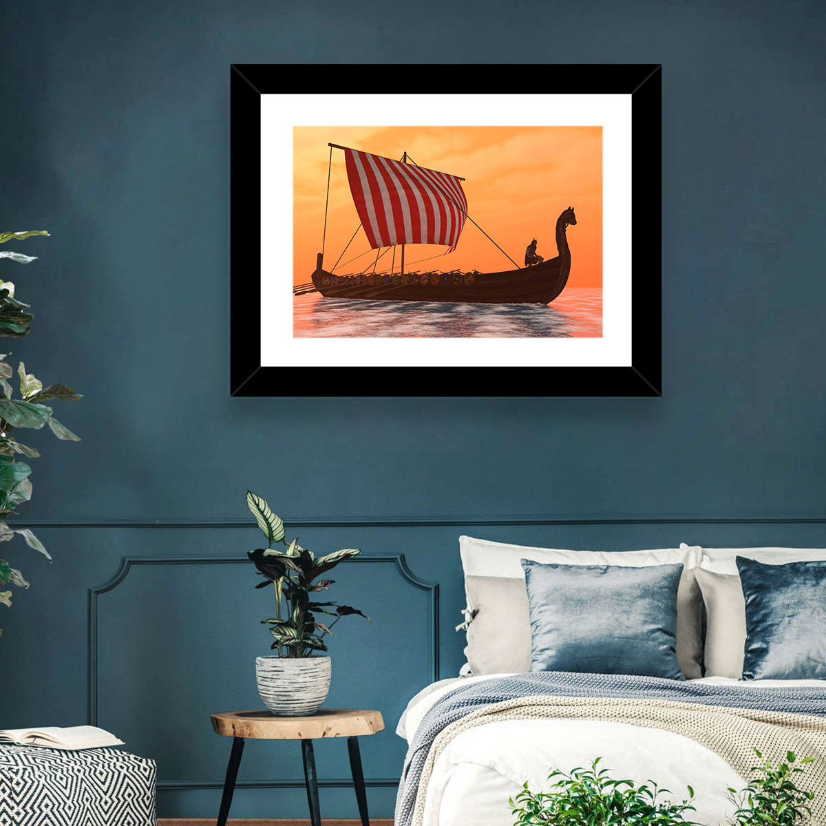 Viking Longship at Dusk Wall Art in a room, landscape