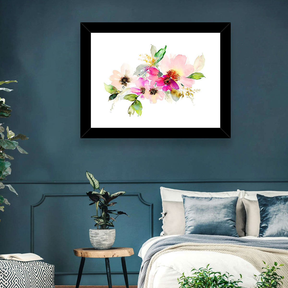 Delicate Pink Floral Watercolor Wall Art in a room, landscape