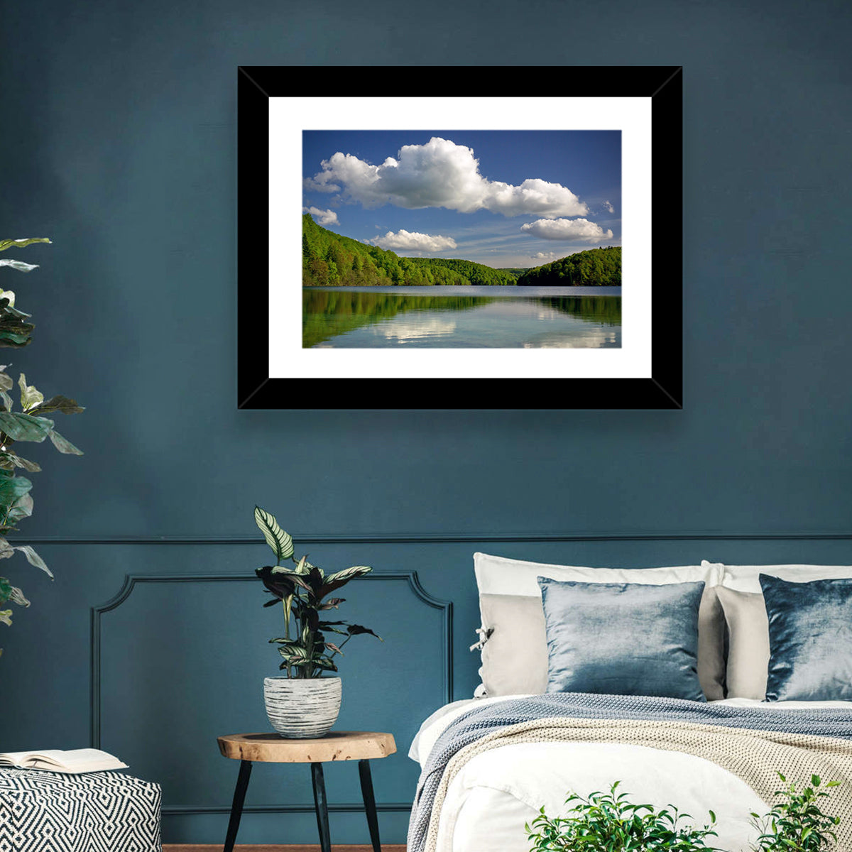 Plitvice Forest Lake Scene Wall Art in a room, landscape