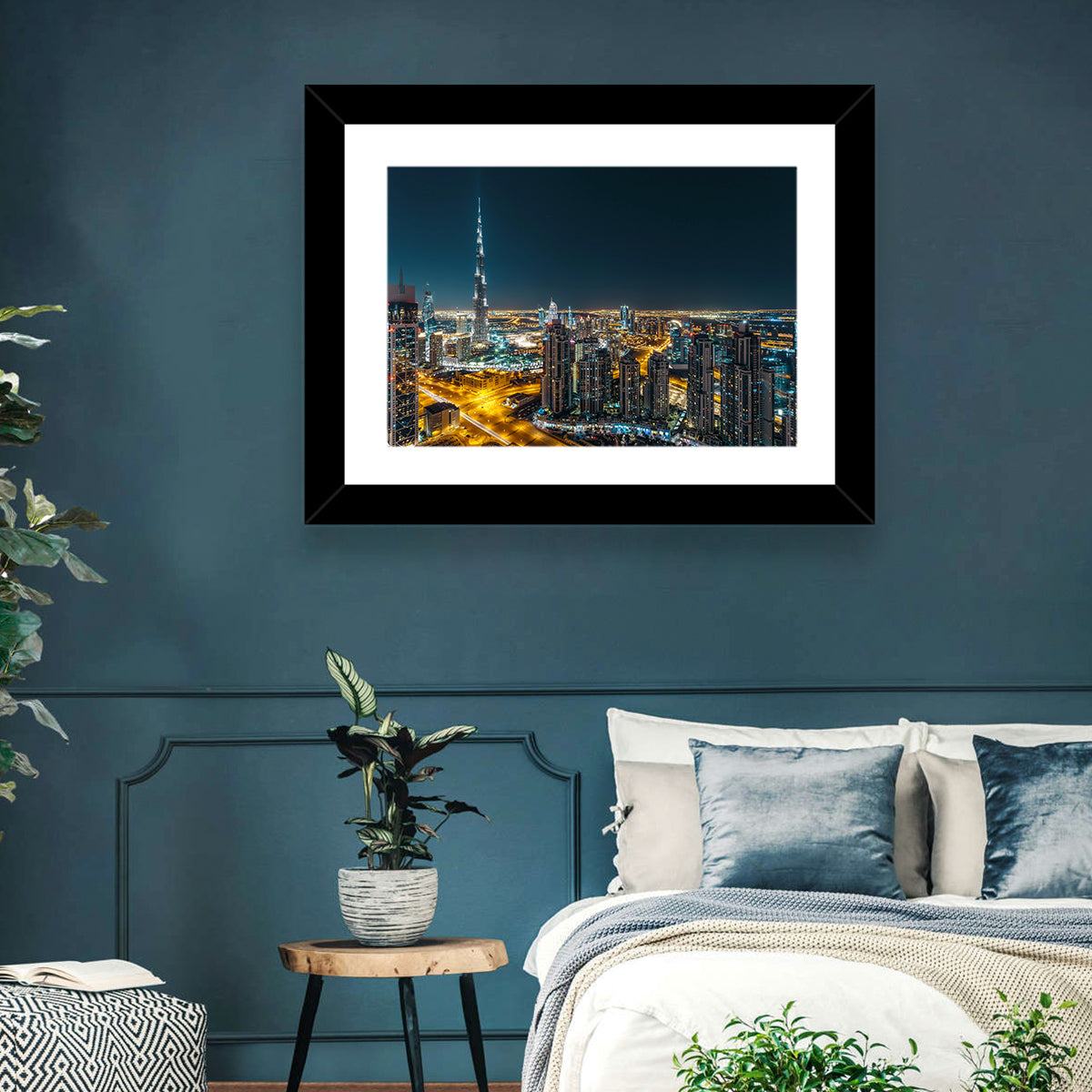 Dubai Night Skyline with Burj Khalifa Wall Art in a room, landscape