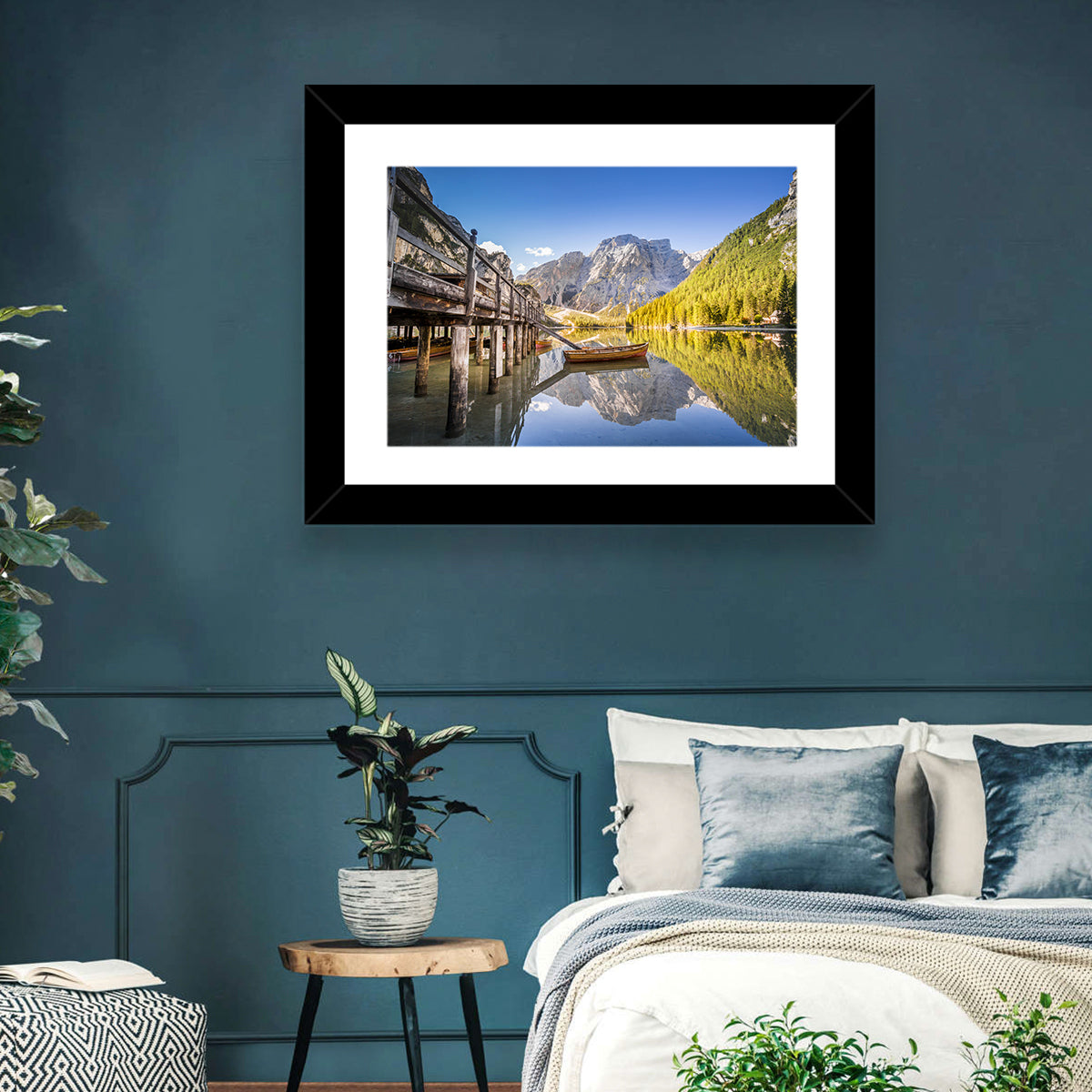 Lago Di Braies Pier Wall Art in a room, landscape
