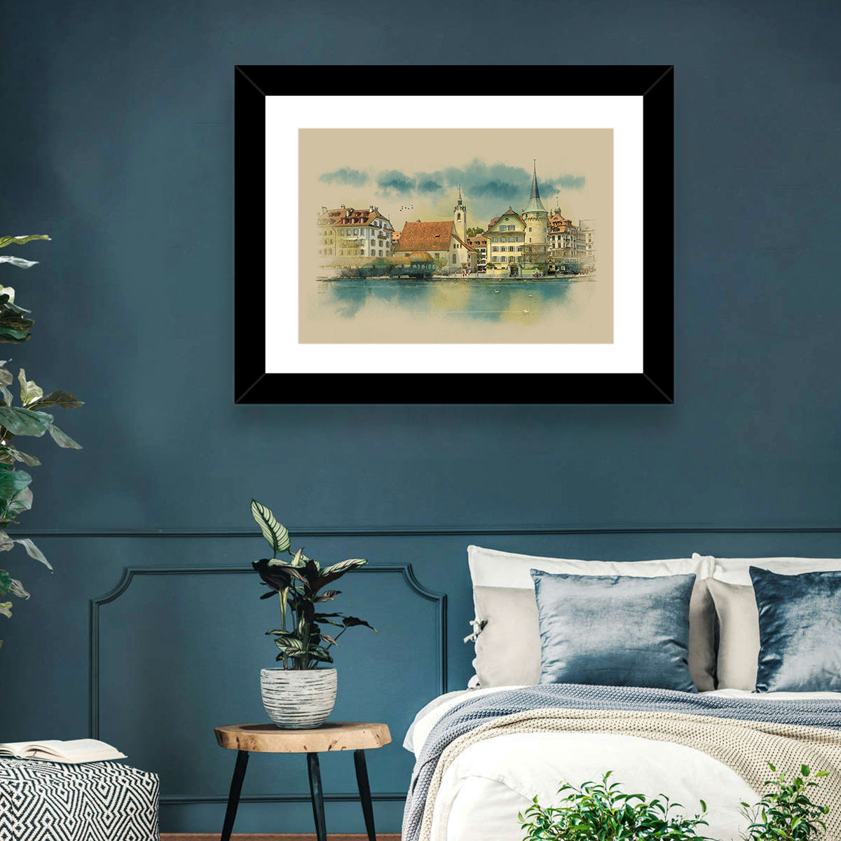 Lucerne Waterfront Sketch Wall Art in a room, landscape