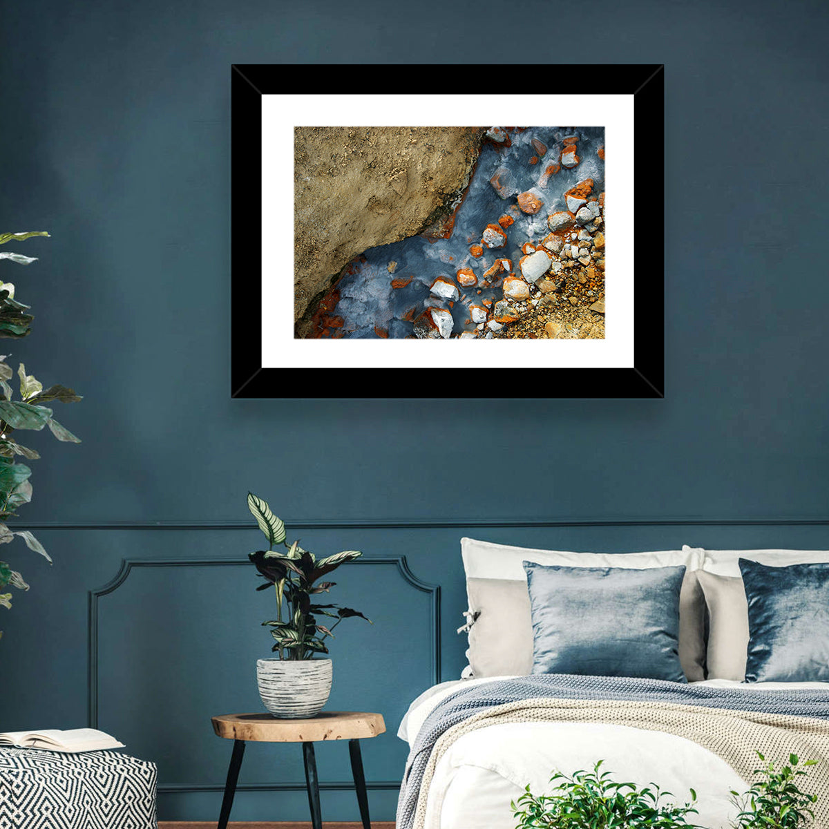 Milky Blue Geothermal Creek Wall Art in a room, landscape