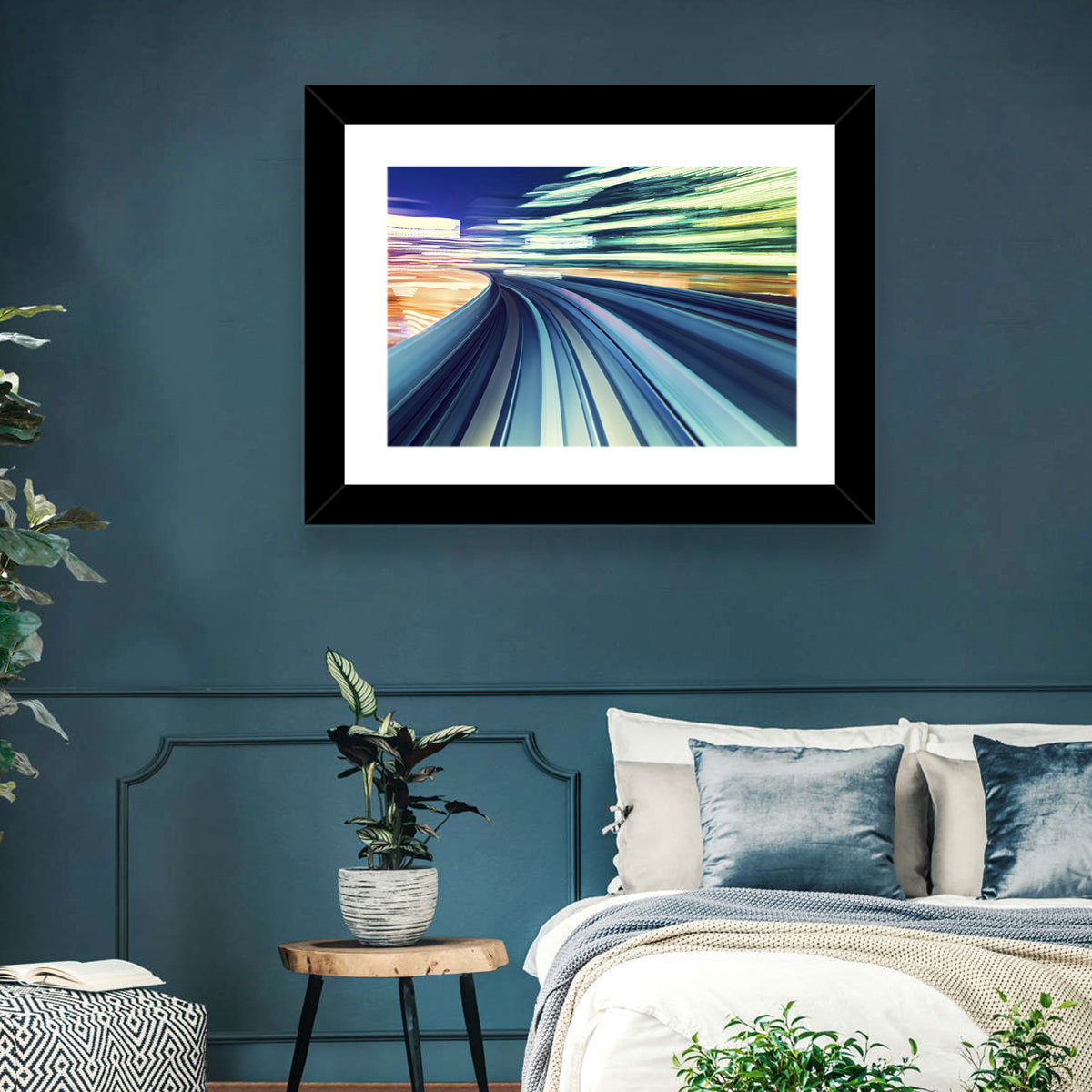 Curved Monorail Light Trails Wall Art in a room, landscape