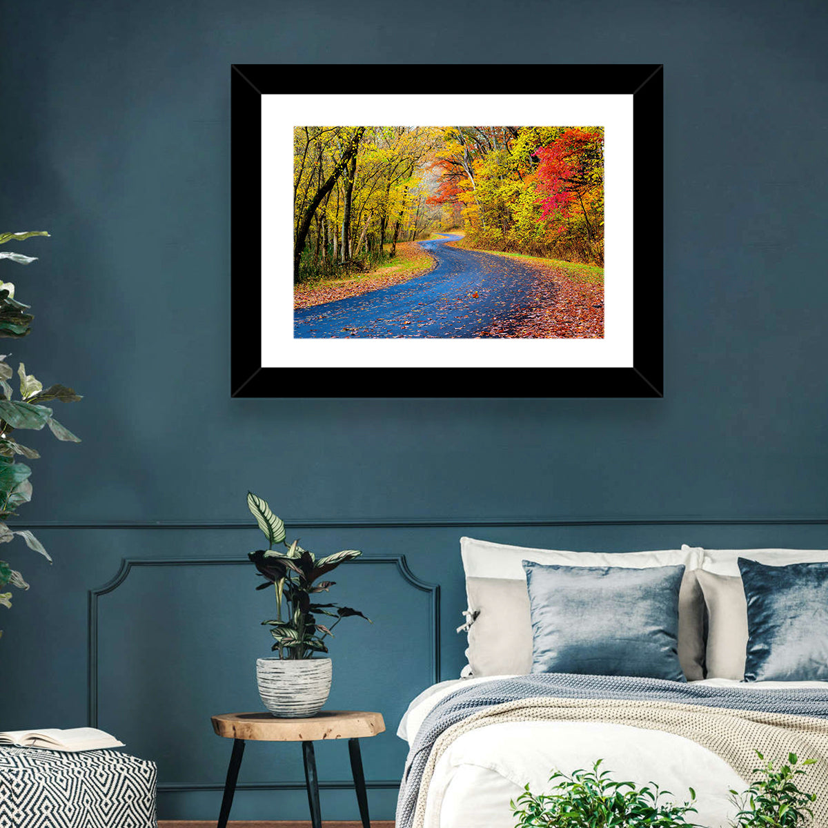 Wet Autumn Road Wall Art in a room, landscape
