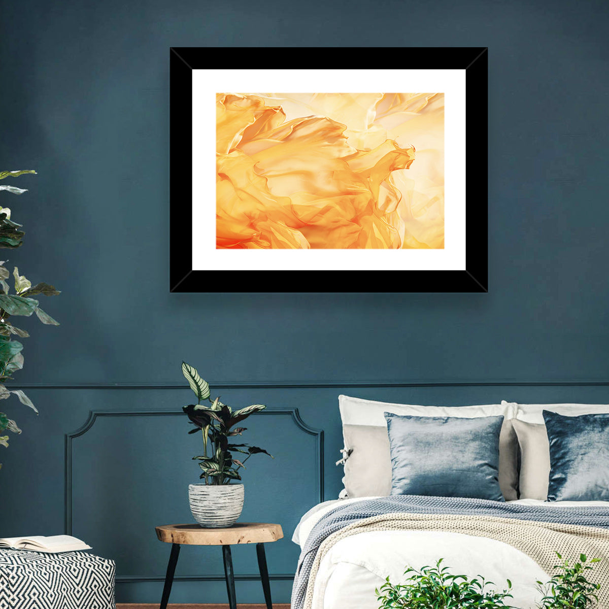 Golden Waving Cloth Abstract Wall Art in a room, landscape
