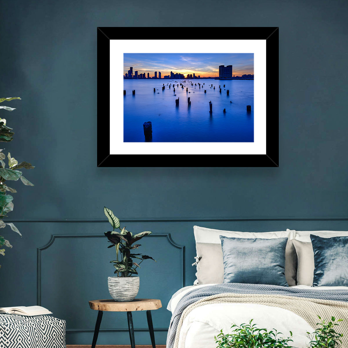 Jersey City Skyline at Dusk Wall Art in a room, landscape