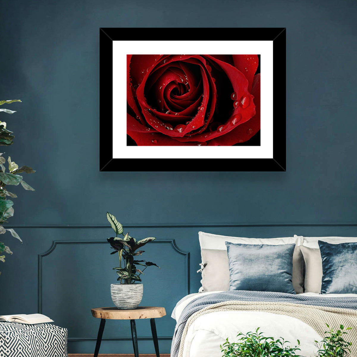 Red Rose with Dew Drops Wall Art in a room, landscape