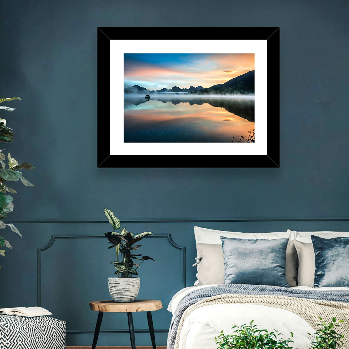 Lake Mcdonald Dawn Mist Wall Art in a room, landscape