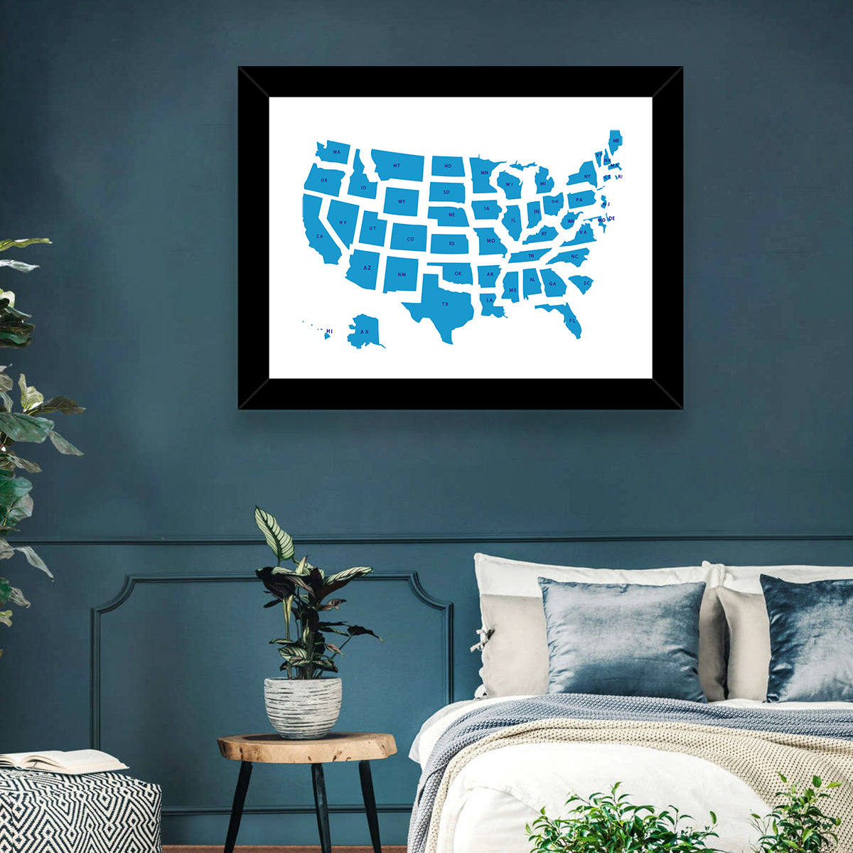 Blue Minimalist USA Map Wall Art in a room, landscape