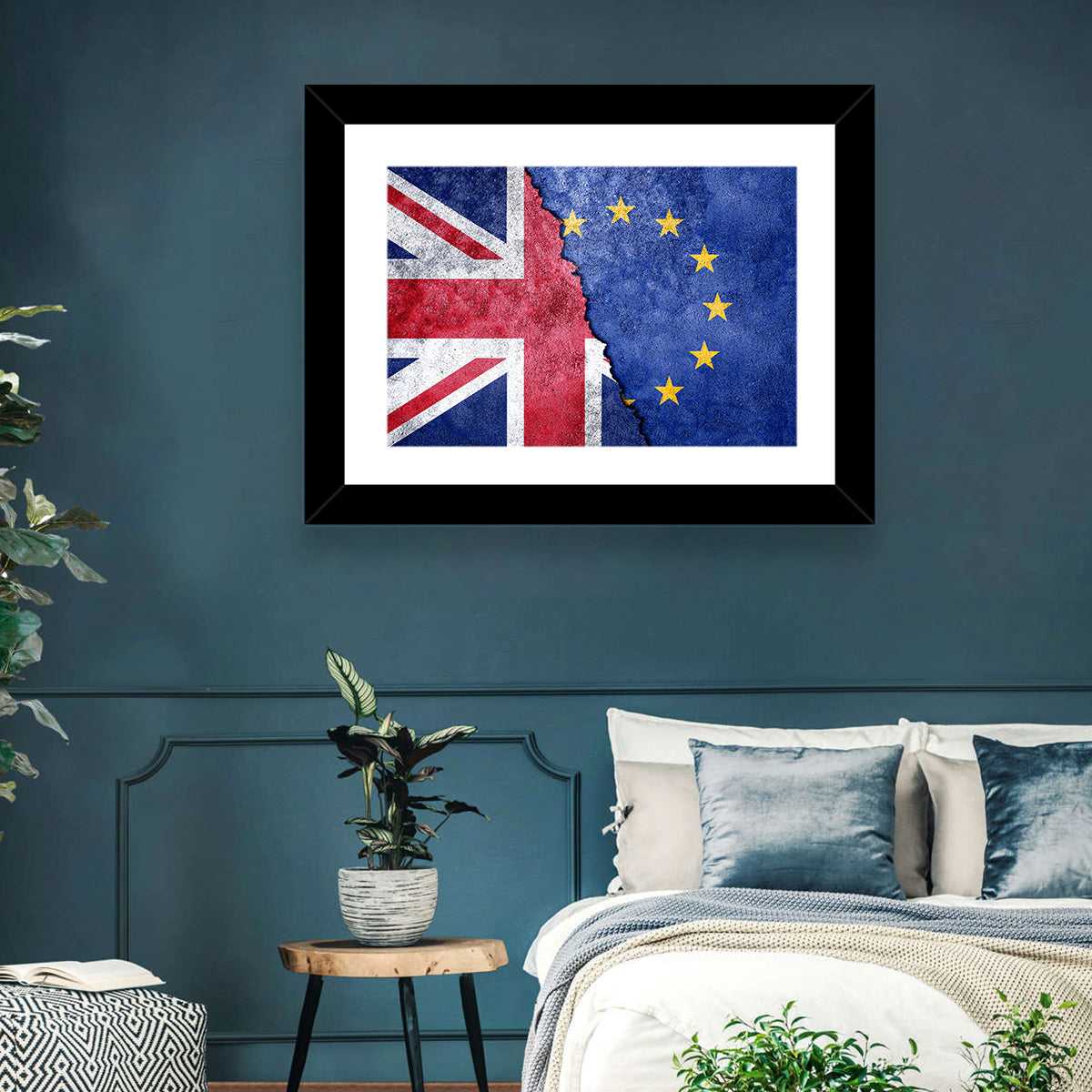 Divided Union Jack and Eu Flag Wall Art in a room, landscape