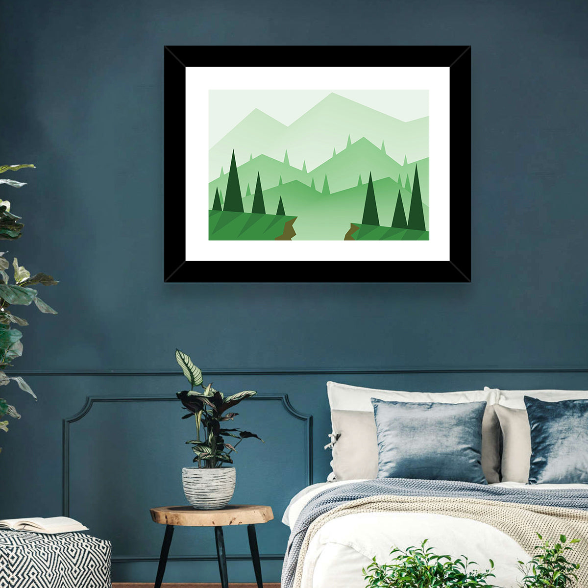 Misty Green Hills Illustration Wall Art in a room, landscape