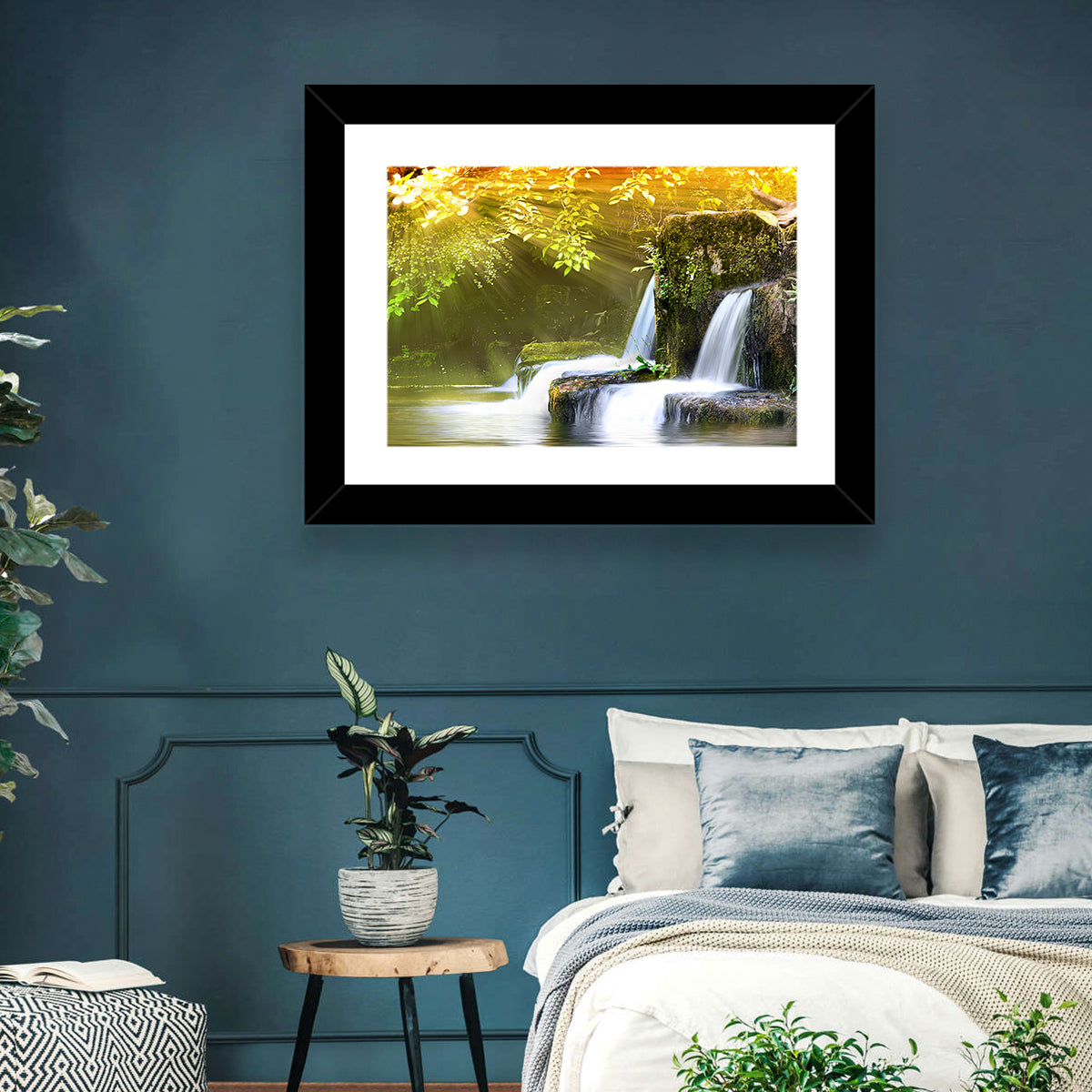Sunlit Forest Waterfall Wall Art in a room, landscape