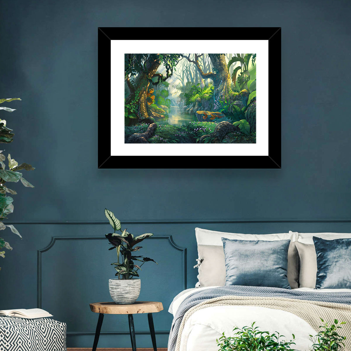 Sunlit Jungle River Wall Art in a room, landscape