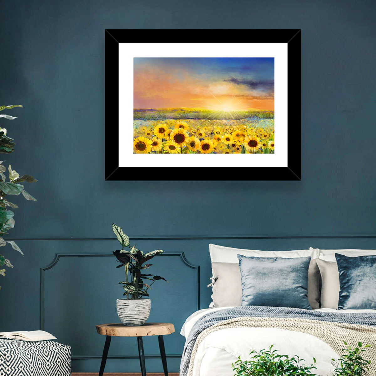 Sunburst Over Sunflower Field Wall Art in a room, landscape