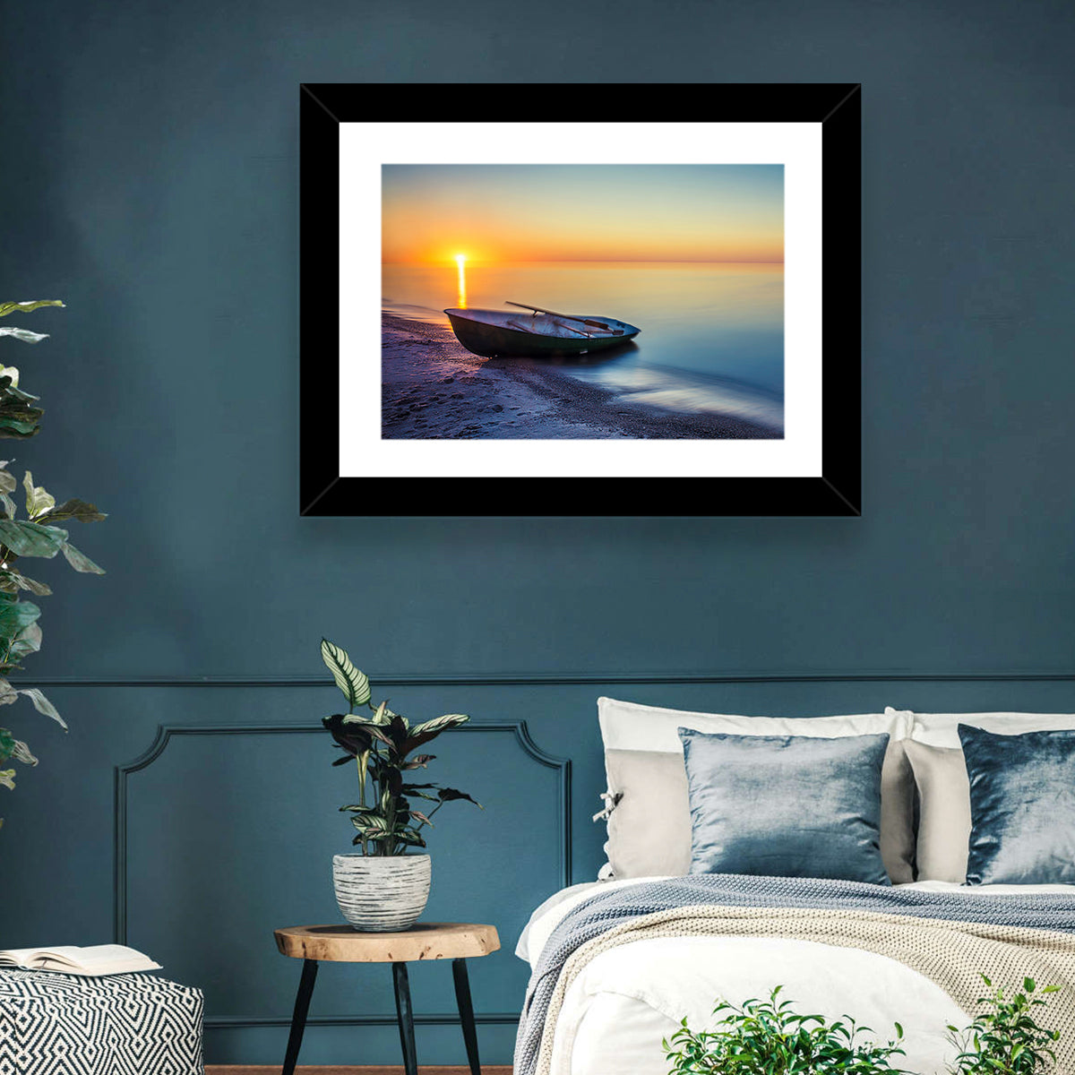 Rowboat Sunrise Seascape Wall Art in a room, landscape