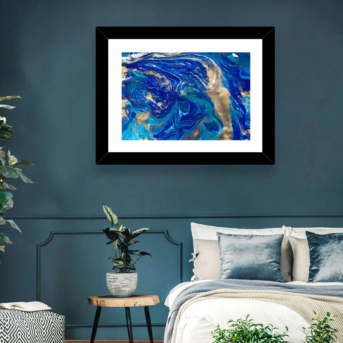 Blue and Gold Liquid Marble Swirls Wall Art in a room, landscape