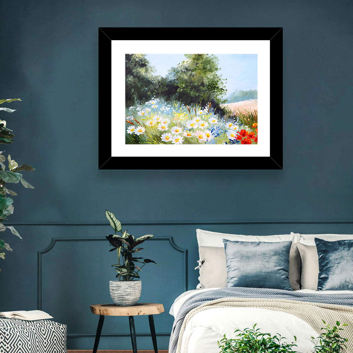 Sunny Daisy Meadow with Red Poppies Wall Art in a room, landscape