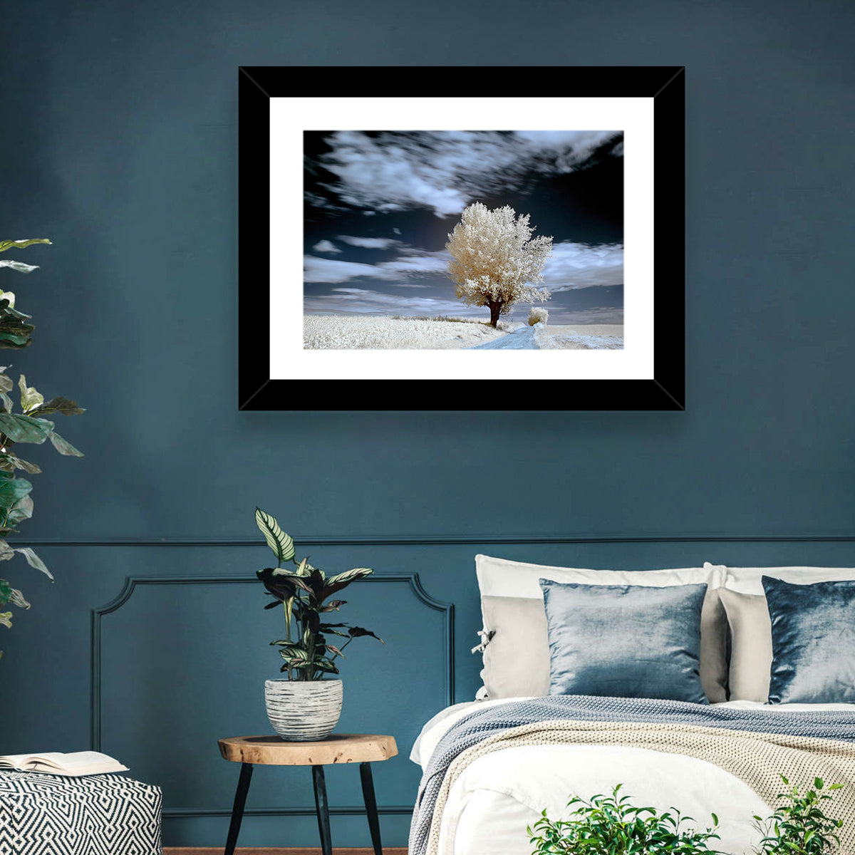 Infrared Winter Willow Tree Wall Art in a room, landscape