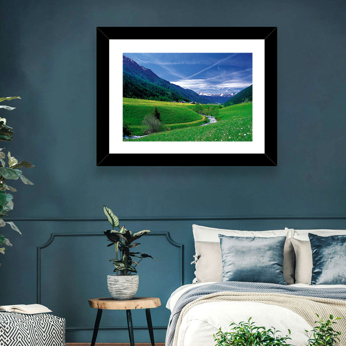 Snow-capped Peaks and Floral Meadow Wall Art in a room, landscape