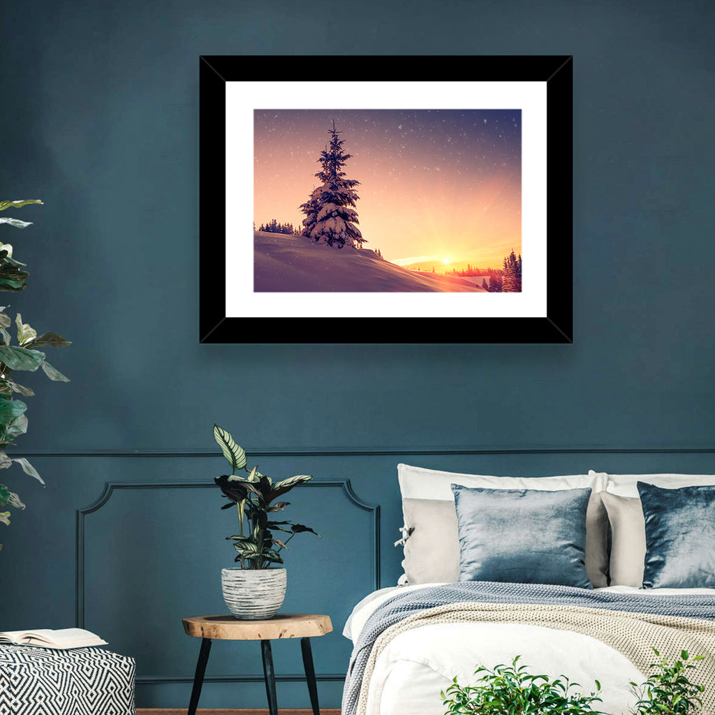 Snowy Sunset with Conifer Wall Art