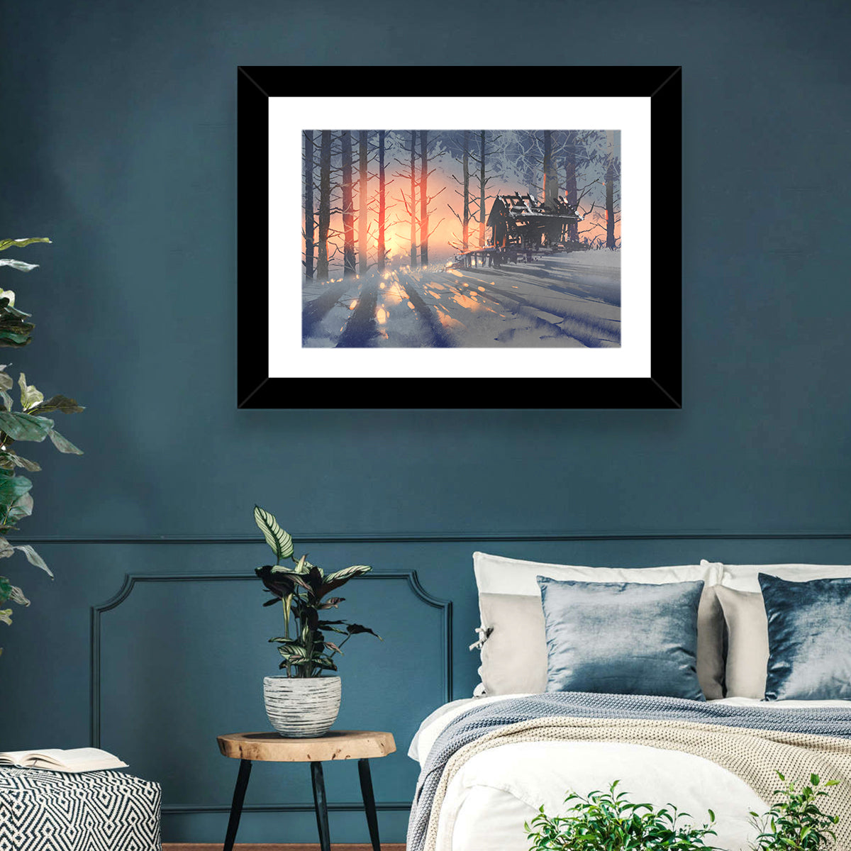 Snowy Forest Cabin at Sunset Wall Art in a room, landscape