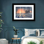 Snowy Forest Cabin at Sunset Wall Art
