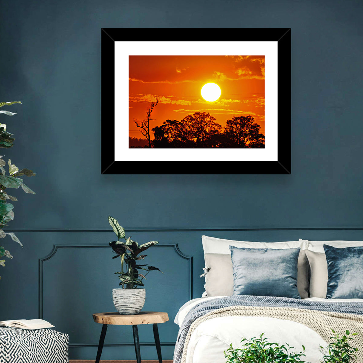 Burning Sun Over Tree Silhouettes Wall Art in a room, landscape