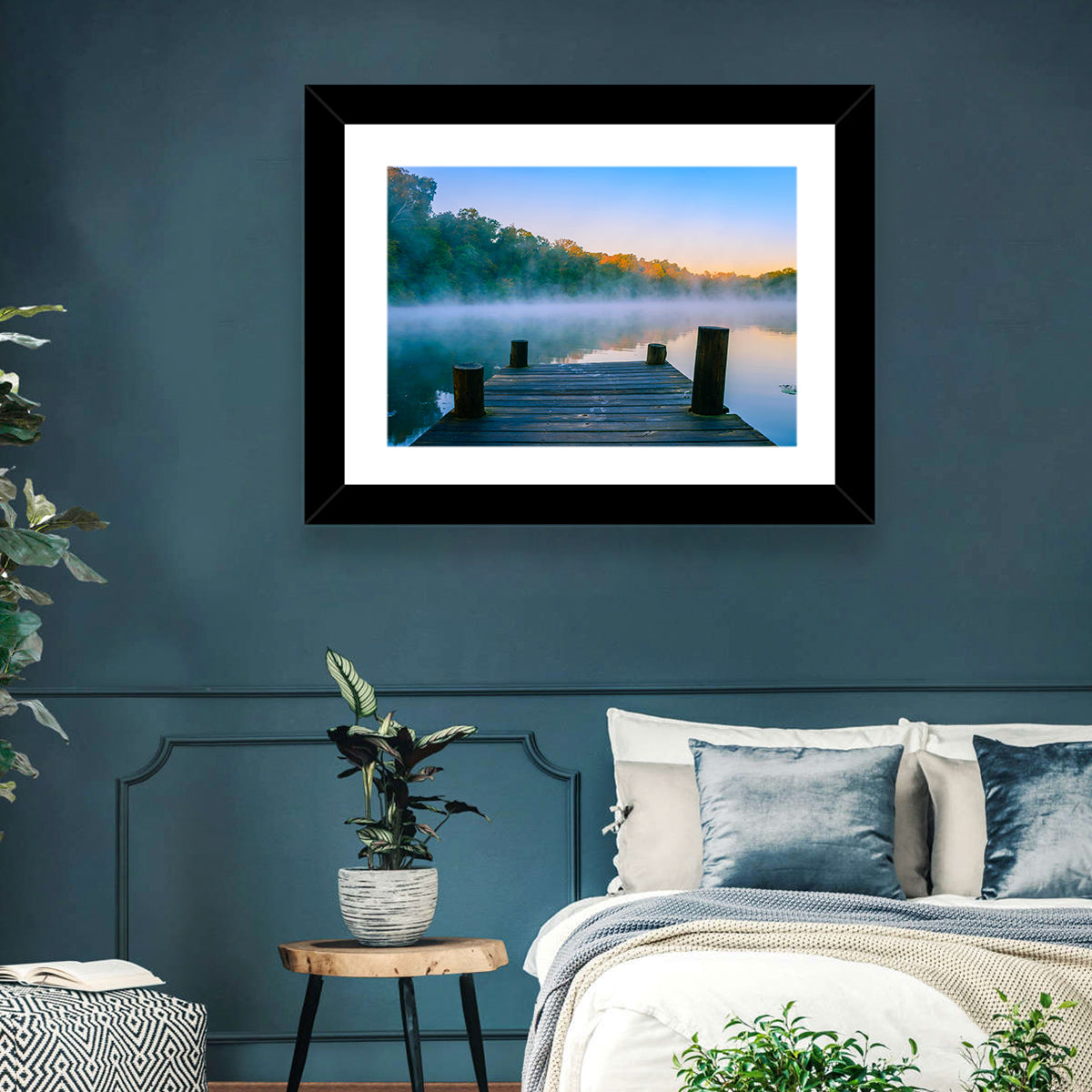 Misty Dock, Mt Saint Francis Wall Art in a room, landscape
