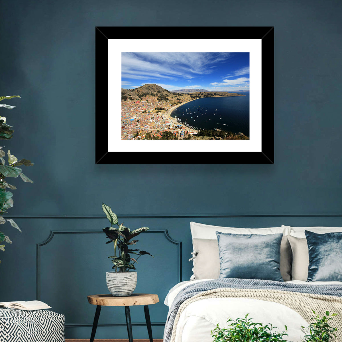 Copacabana Aerial Over Lake Titicaca Wall Art in a room, landscape