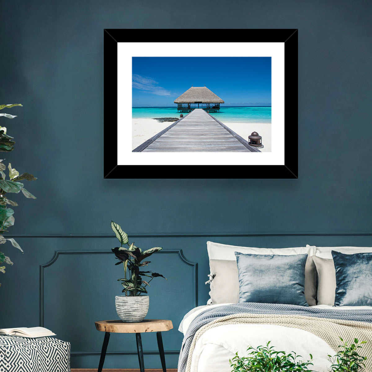 Maldives Turquoise Pier Wall Art in a room, landscape