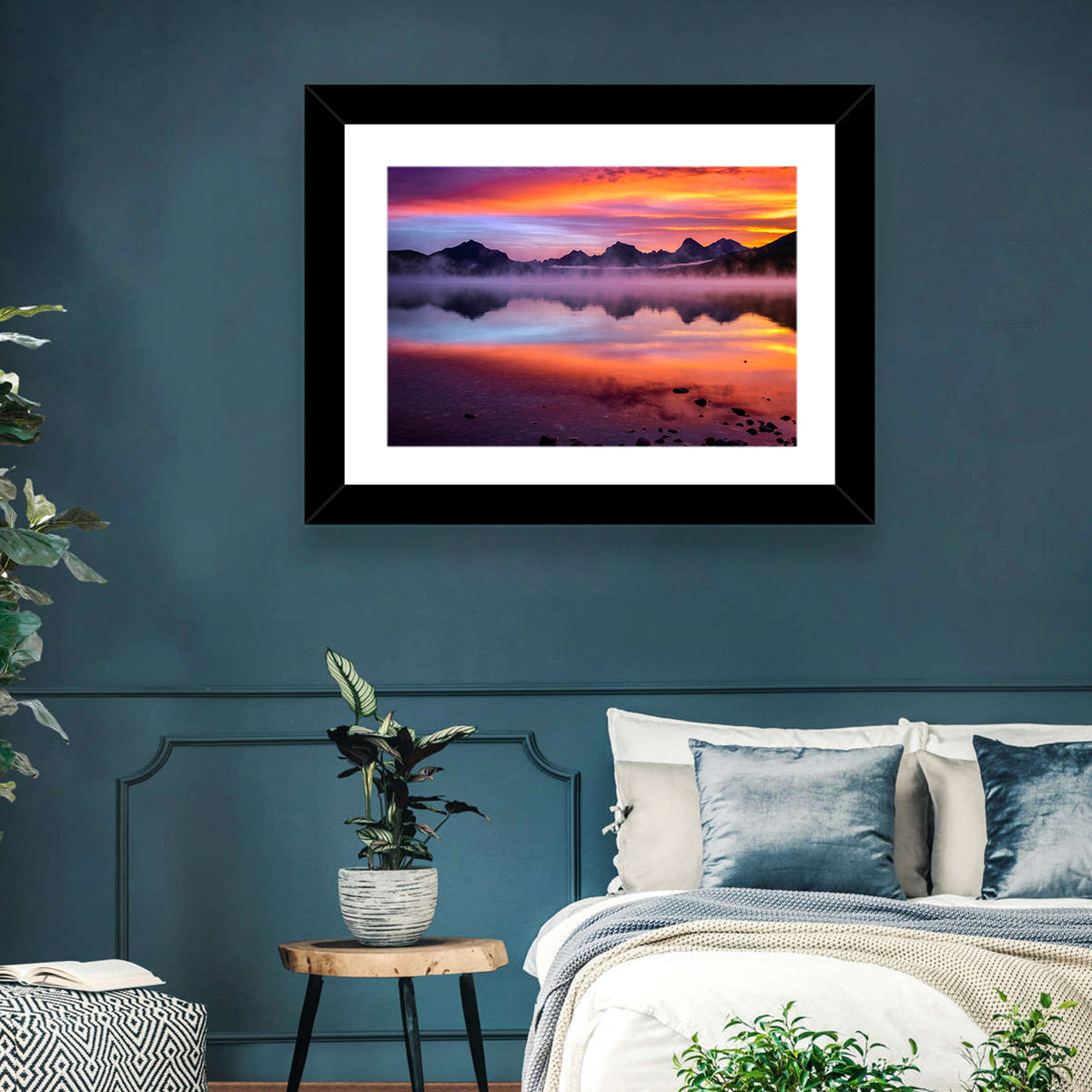 Lake Mcdonald Misty Sunset Wall Art in a room, landscape