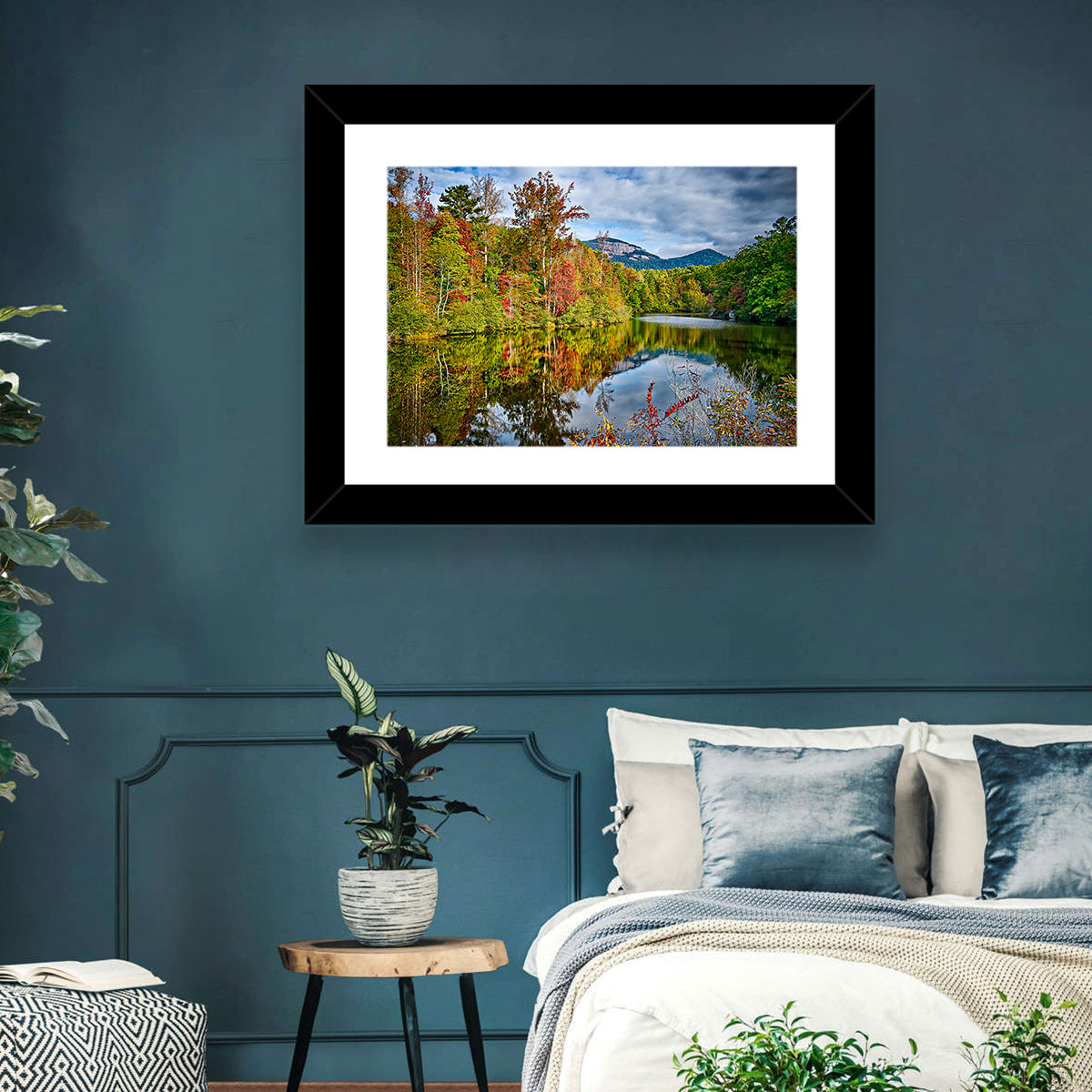 Lake Jocassee Autumn Reflection Wall Art in a room, landscape