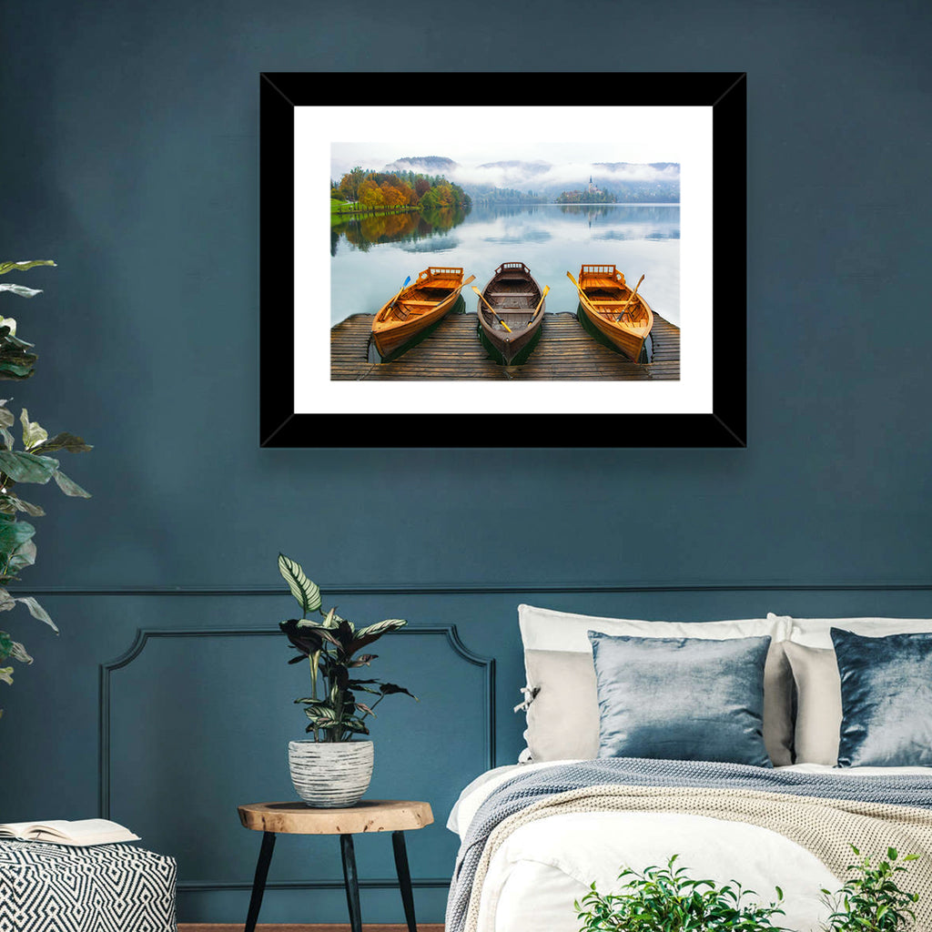 Moored Boats on Misty Lake Bled Wall Art