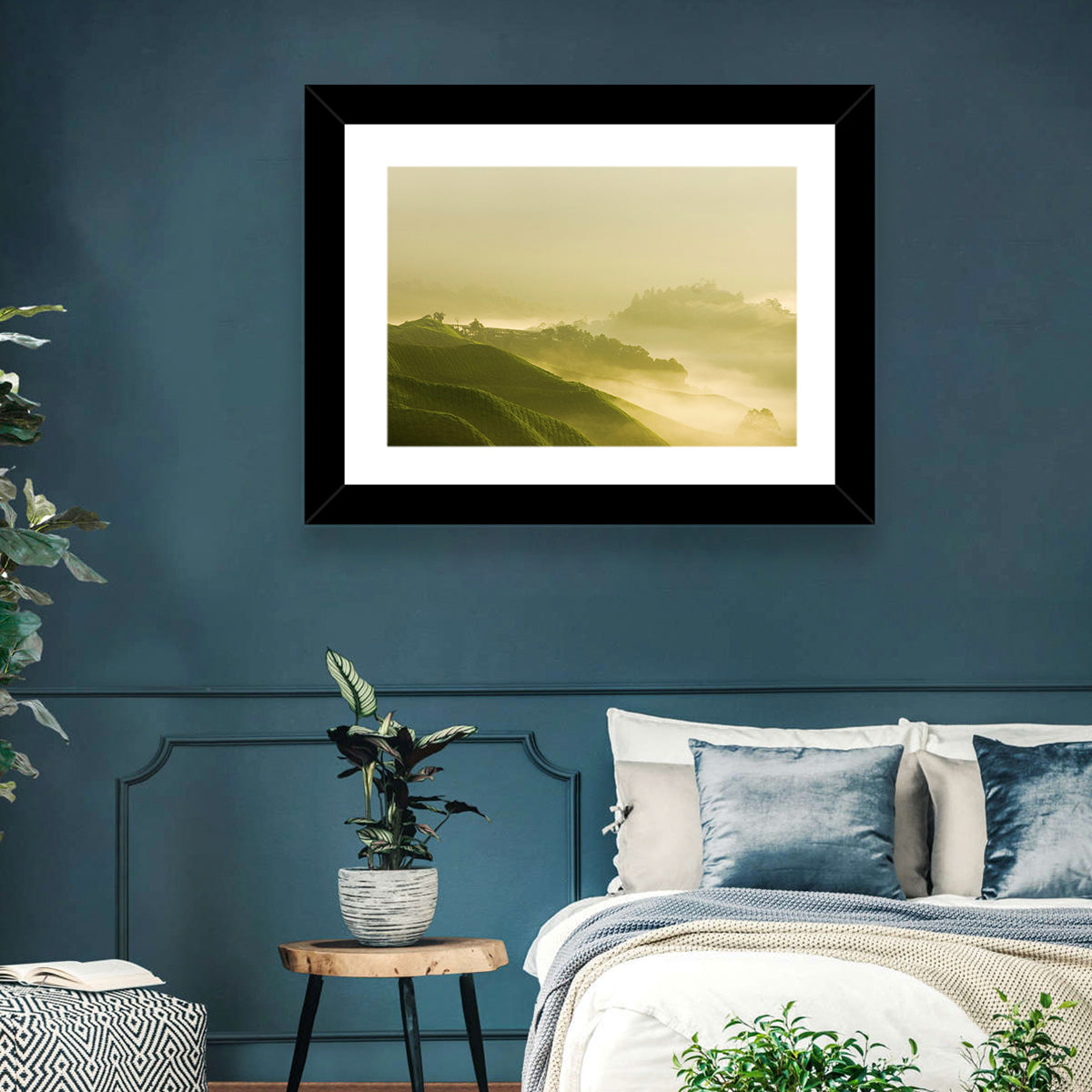Tea Plantation Morning Mist Wall Art in a room, landscape